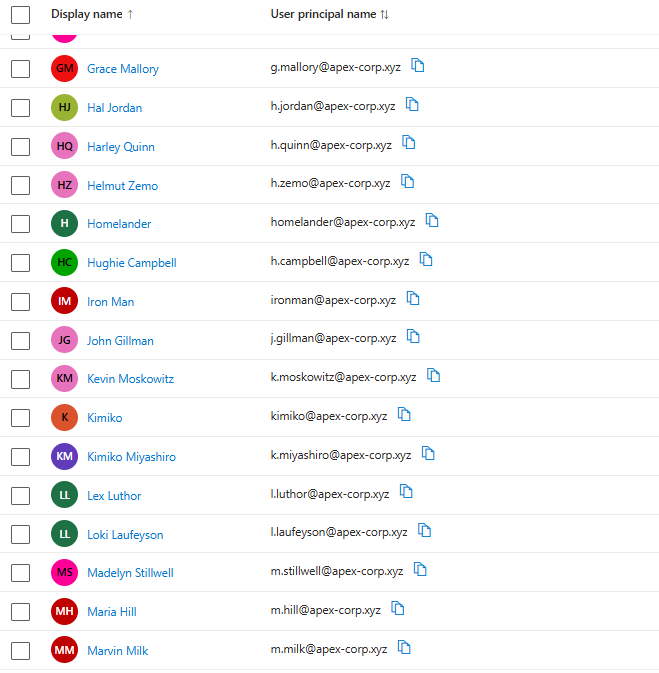 Azure Entra ID user list showing all users with @apex-corp.xyz UPNs after the UPN fix and sync